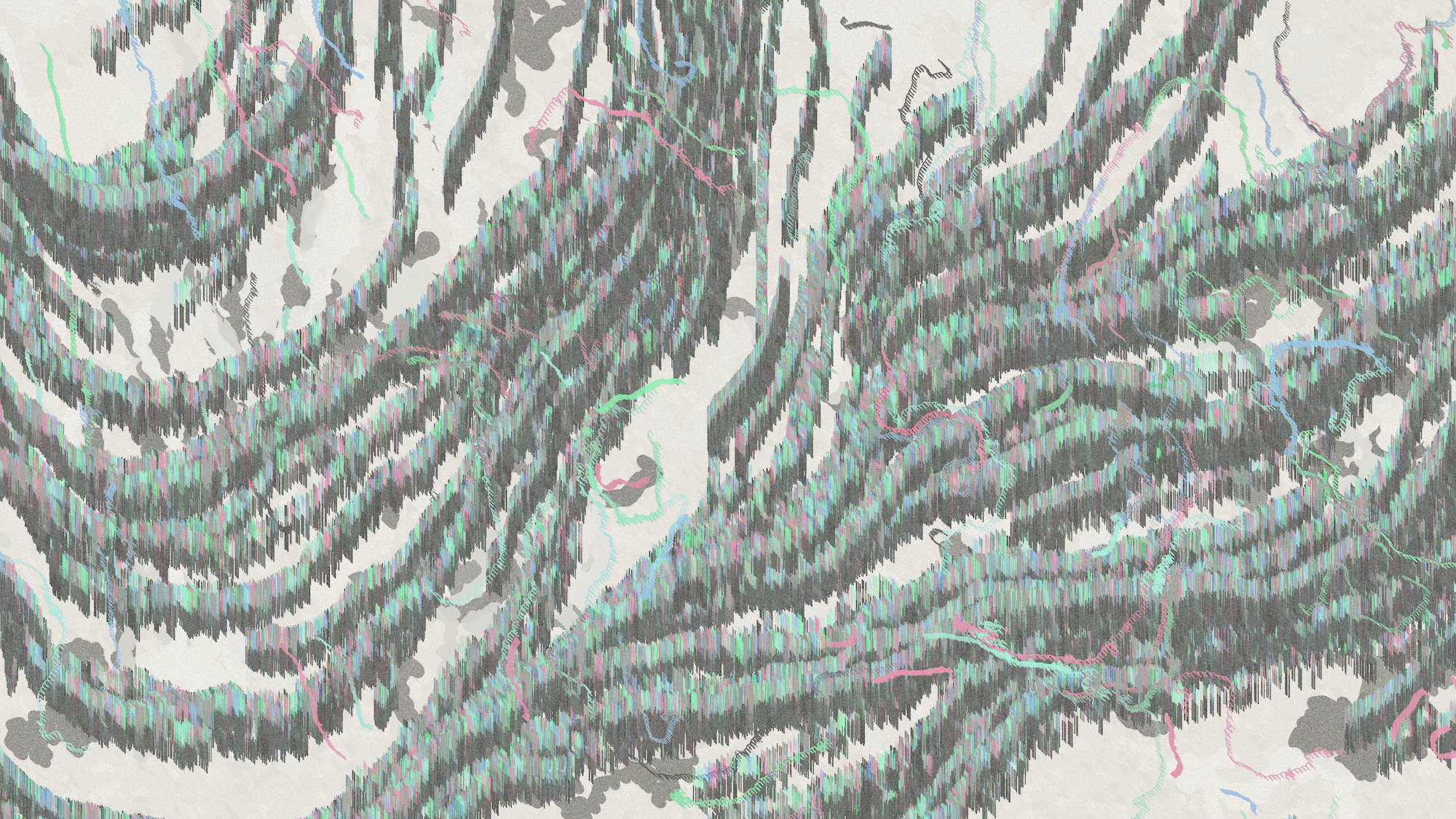 Abstract digital artwork with flowing light blue and gray organic forms against a cream background, created with vertical line textures resembling digital glitch effects.