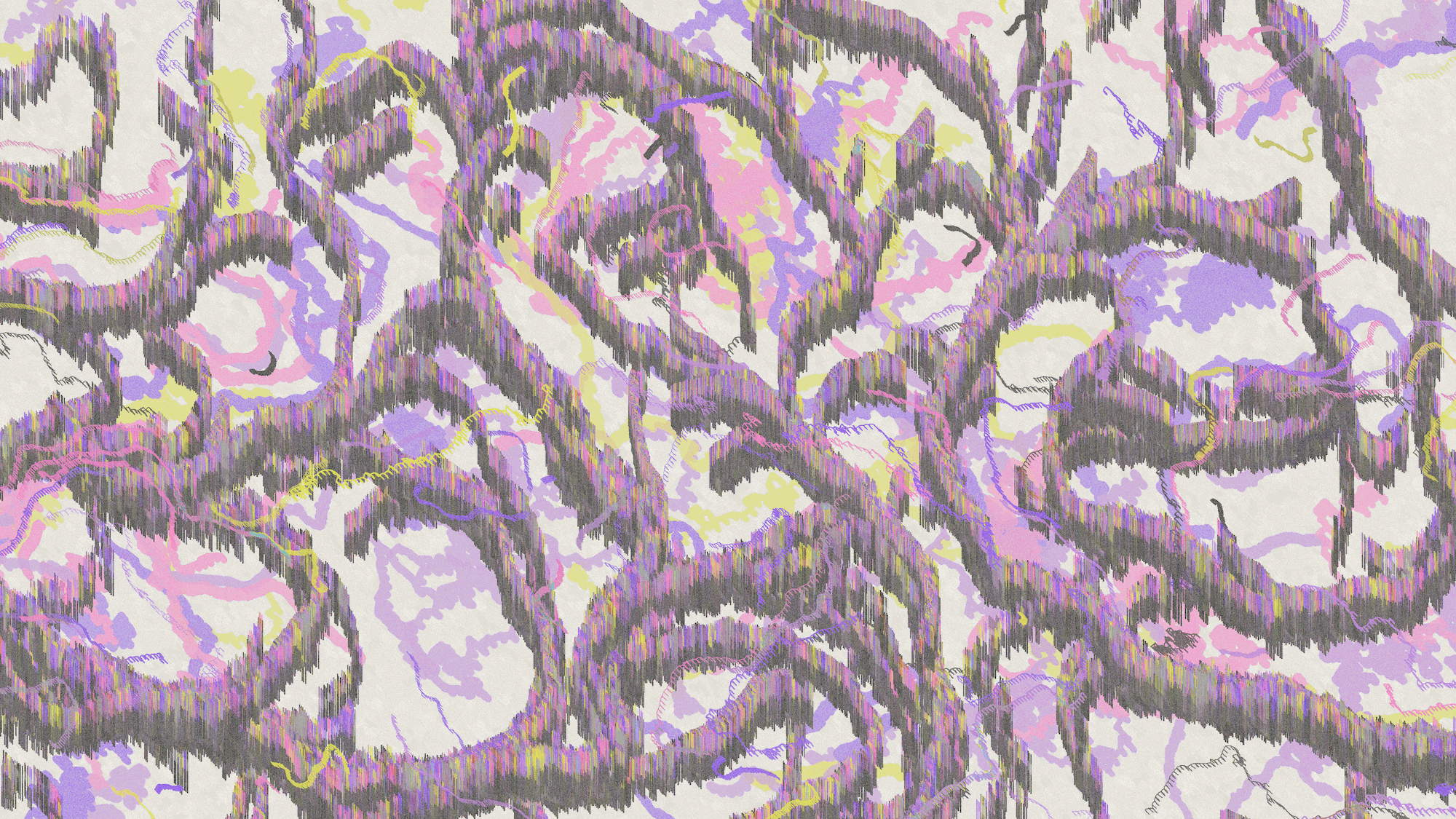 Abstract digital artwork with flowing purple and lavender organic forms against a cream background, created with vertical line textures resembling digital glitch effects.