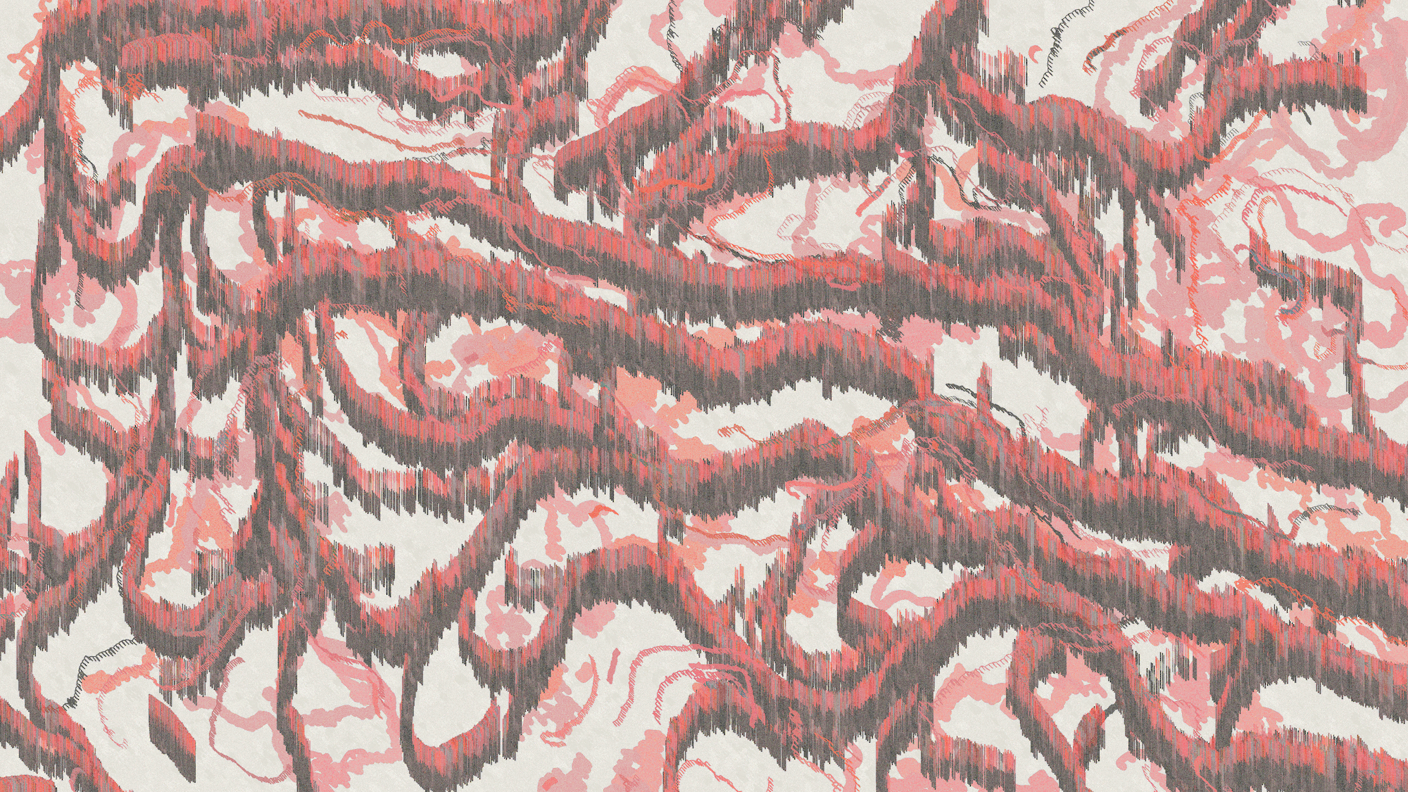 Abstract digital artwork with flowing coral and pink organic forms against a cream background, created with vertical line textures resembling digital glitch effects.