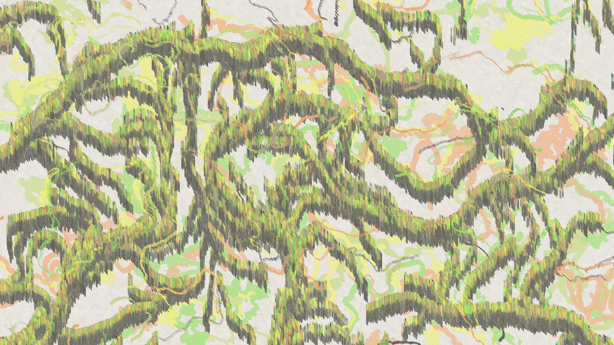 Abstract digital artwork with flowing green, yellow, and peach organic forms against a cream background, created with vertical line textures resembling digital glitch effects.