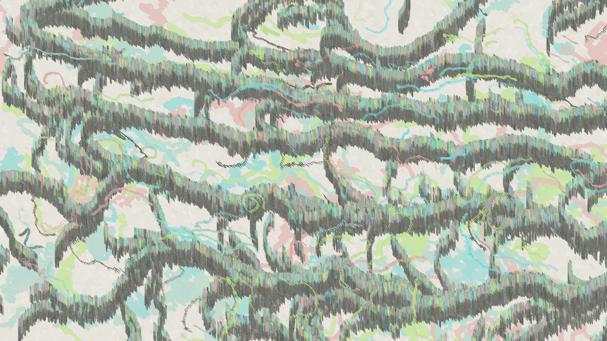 Abstract digital artwork with flowing green, orange and light blue organic forms against a cream background, created with vertical line textures resembling digital glitch effects.