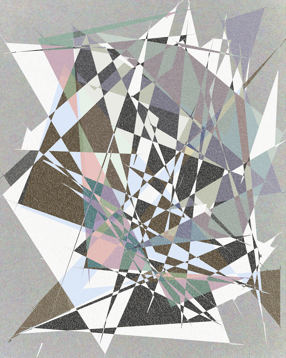 Abstract geometric digital artwork featuring overlapping triangular shapes in black, white, and translucent colors radiating from a central point on a beige textured background.