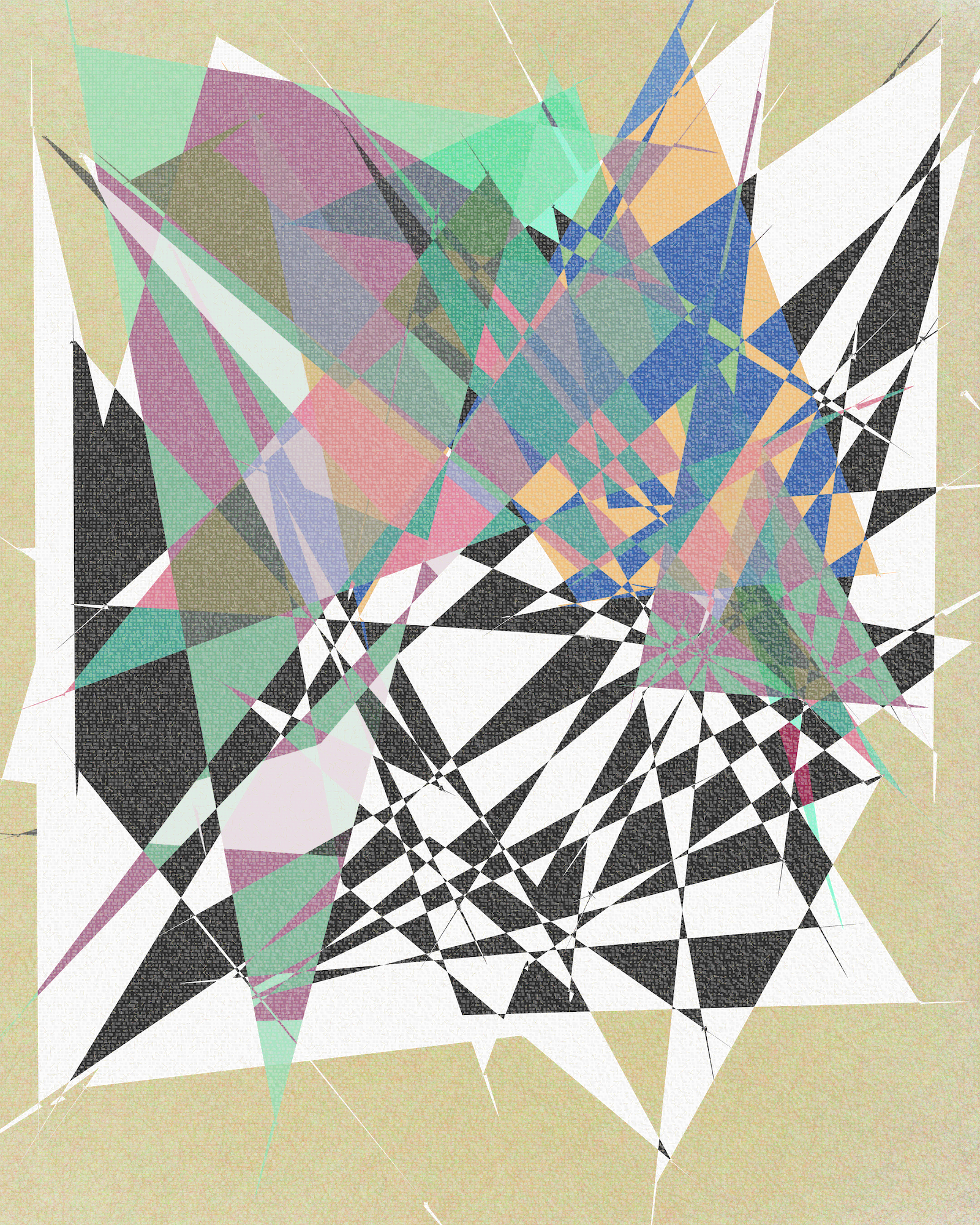 Abstract geometric digital artwork featuring overlapping triangular shapes in black, white, and translucent colors radiating from a central point on a beige textured background.