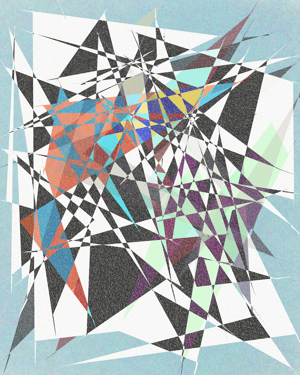 Abstract geometric digital artwork featuring overlapping triangular shapes in black, white, and translucent colors radiating from a central point on a beige textured background.