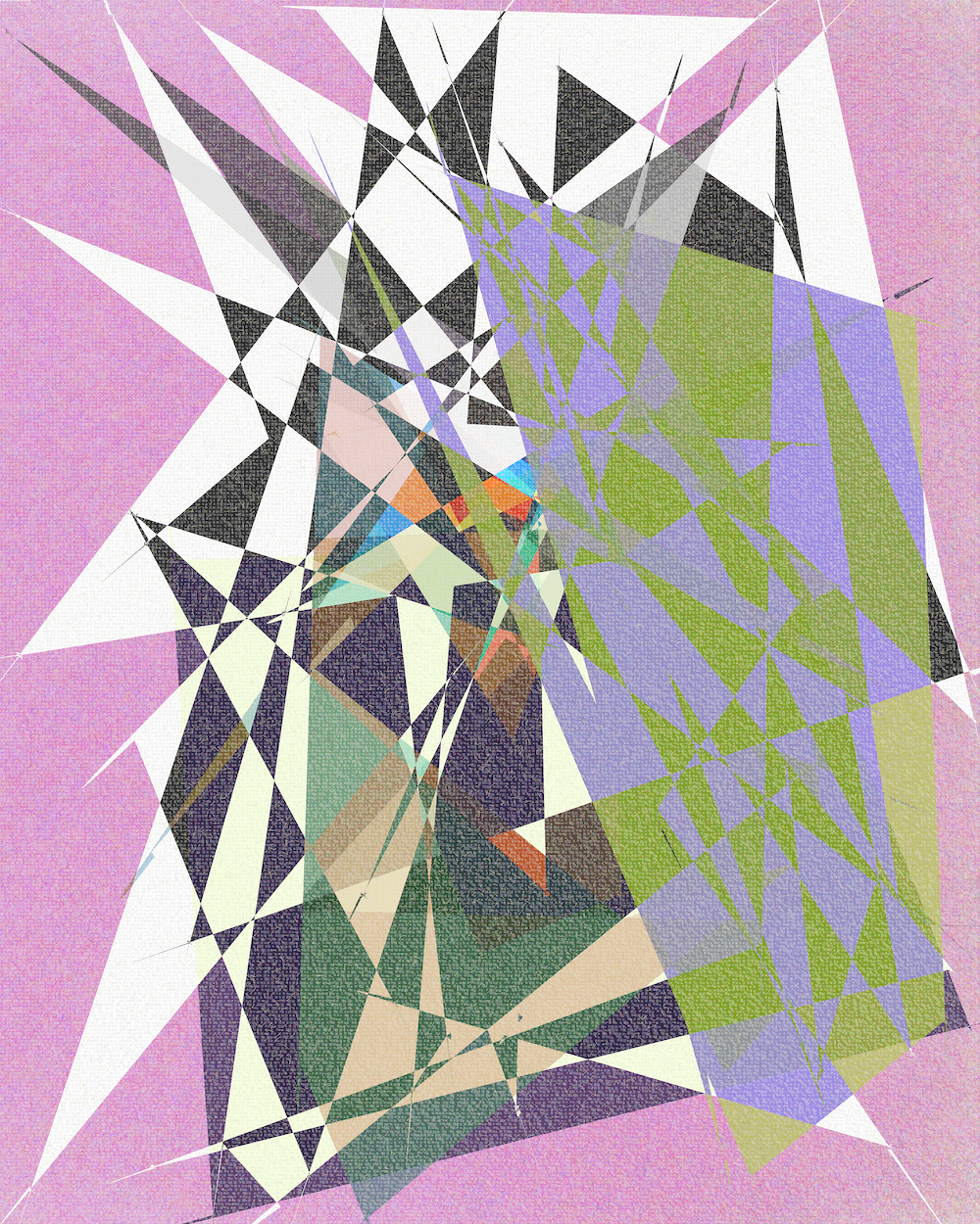 Abstract geometric digital artwork featuring overlapping triangular shapes in black, white, and translucent colors radiating from a central point on a beige textured background.