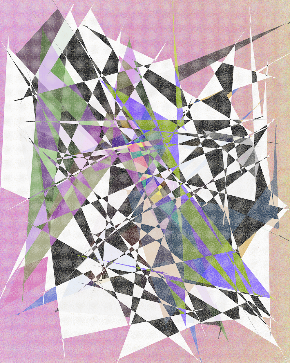 Abstract geometric digital artwork featuring overlapping triangular shapes in black, white, and translucent colors radiating from a central point on a beige textured background.
