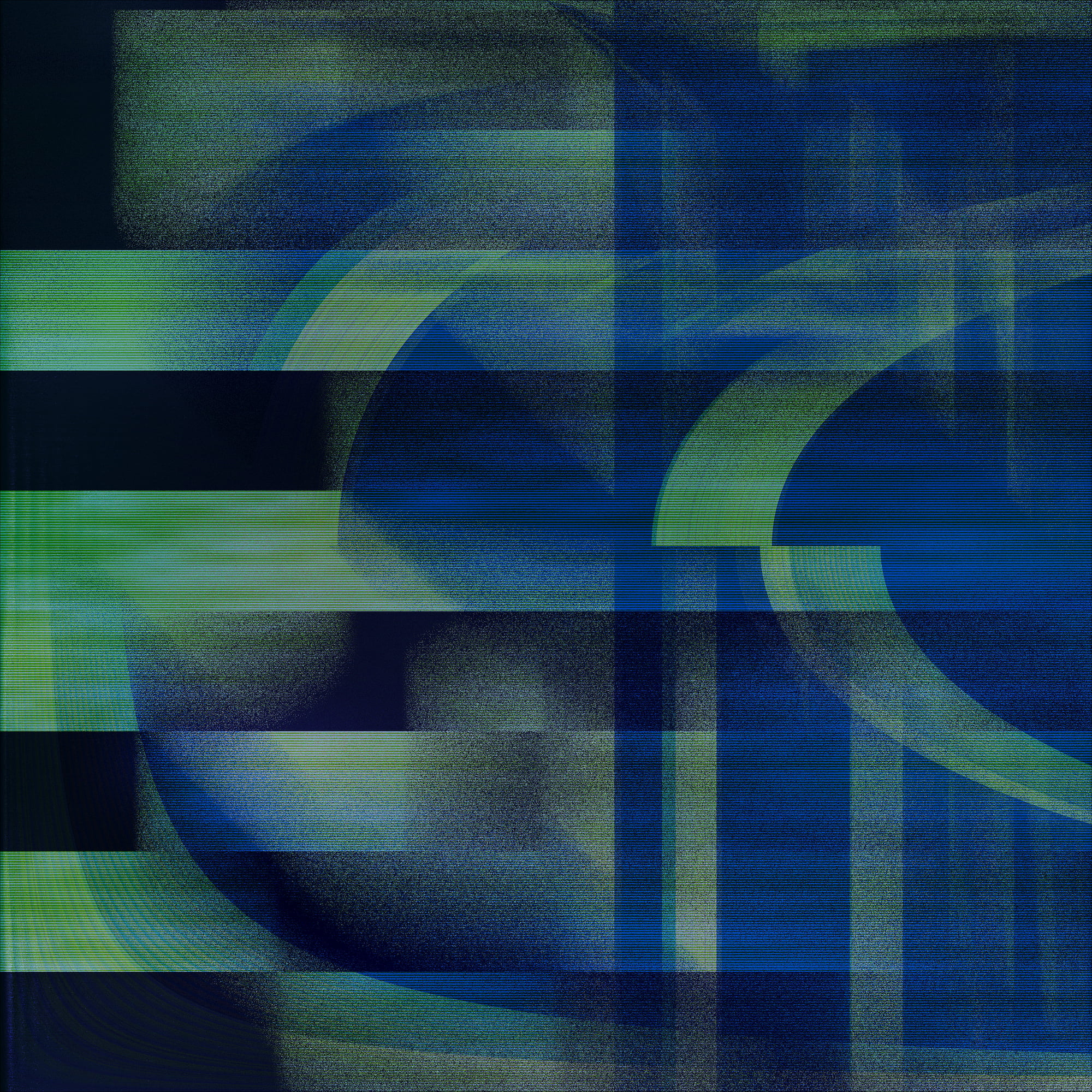 Abstract digital artwork composed of overlapping translucent shapes in shades of blue, green, and navy. The image features both curved and straight geometric forms, intersecting to create a layered, dynamic composition. Subtle gradients and fine textures add depth and movement, evoking a sense of fluidity within a structured, grid-like framework.