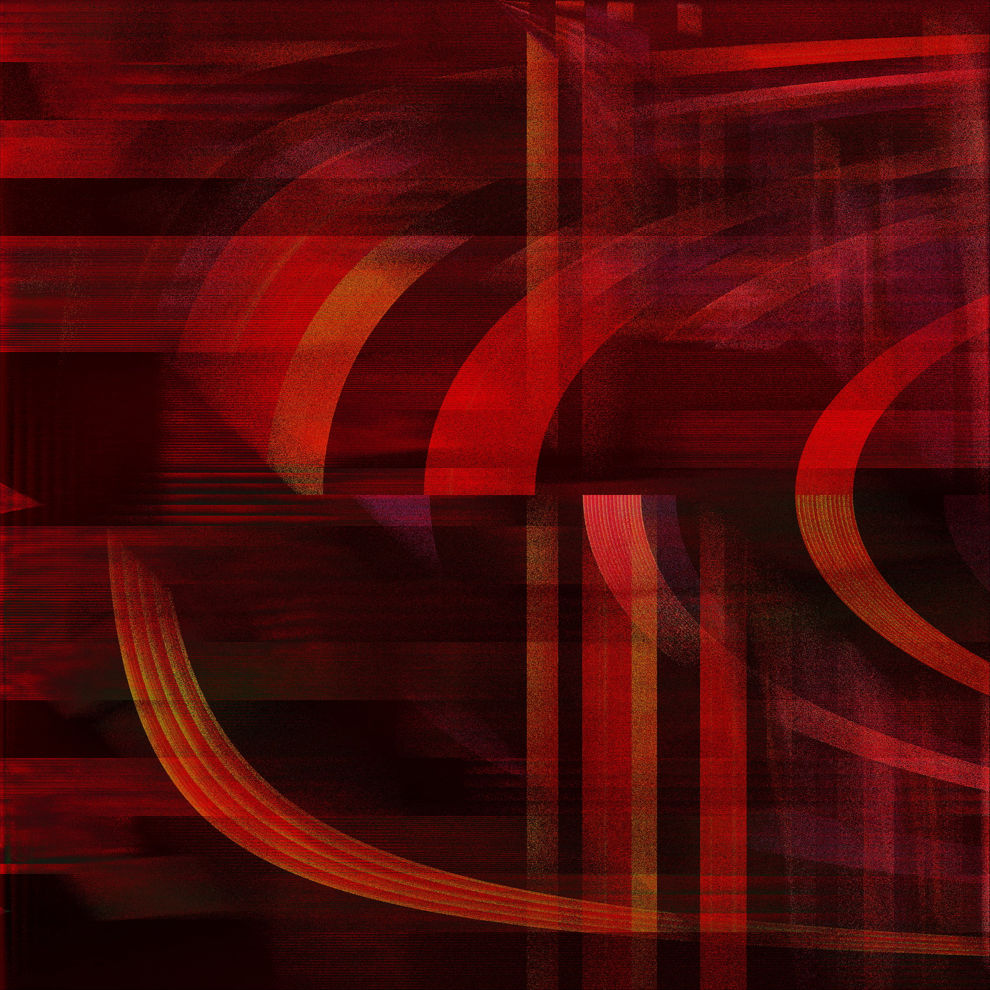 Abstract digital artwork in vivid magenta and purple tones with hints of green and yellow. The composition features layered curved and horizontal lines, creating a sense of depth and motion. The texture is grainy and semi-transparent, resembling shifting light or overlapping glass panels.