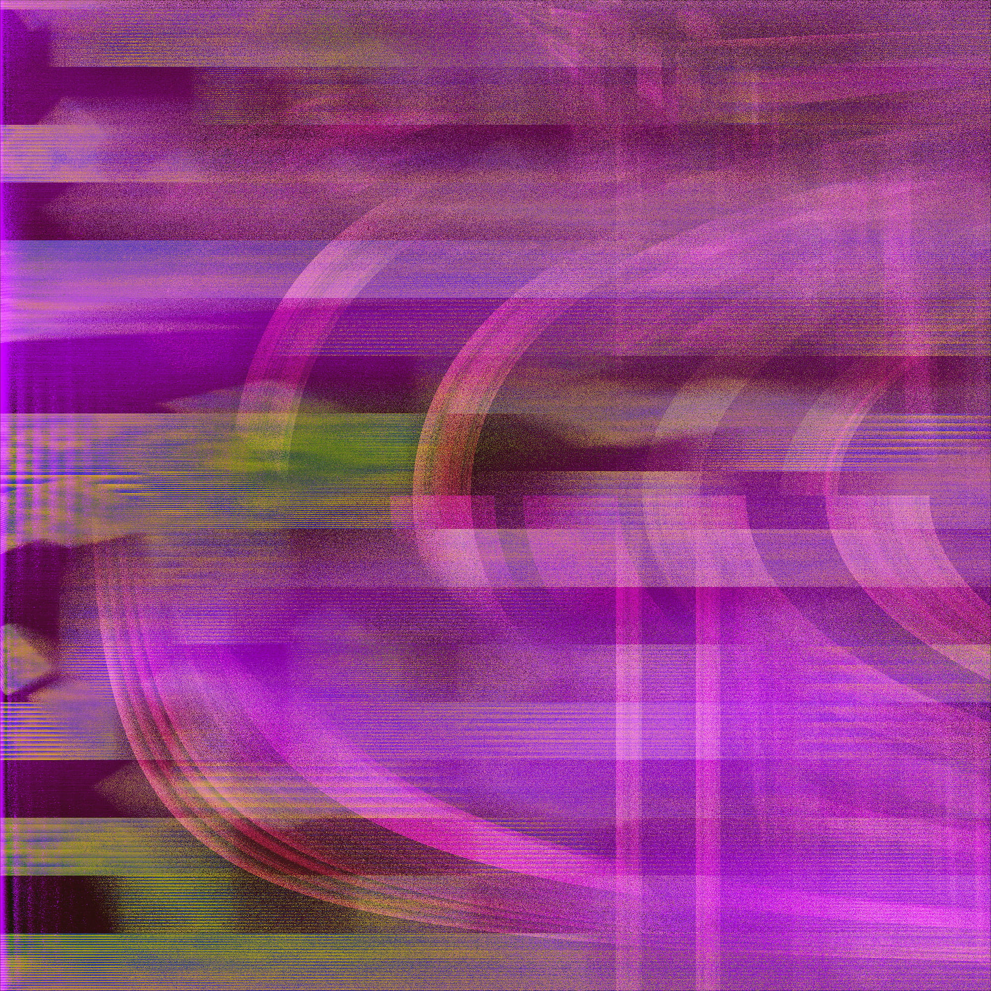 Abstract digital artwork featuring overlapping translucent layers in shades of magenta, purple, and pink, accented with touches of green and gold. The composition blends curved arcs and horizontal bands, creating a dynamic interplay of movement and structure. Soft gradients and fine textures add depth, evoking a sense of fluid motion within a geometric framework.