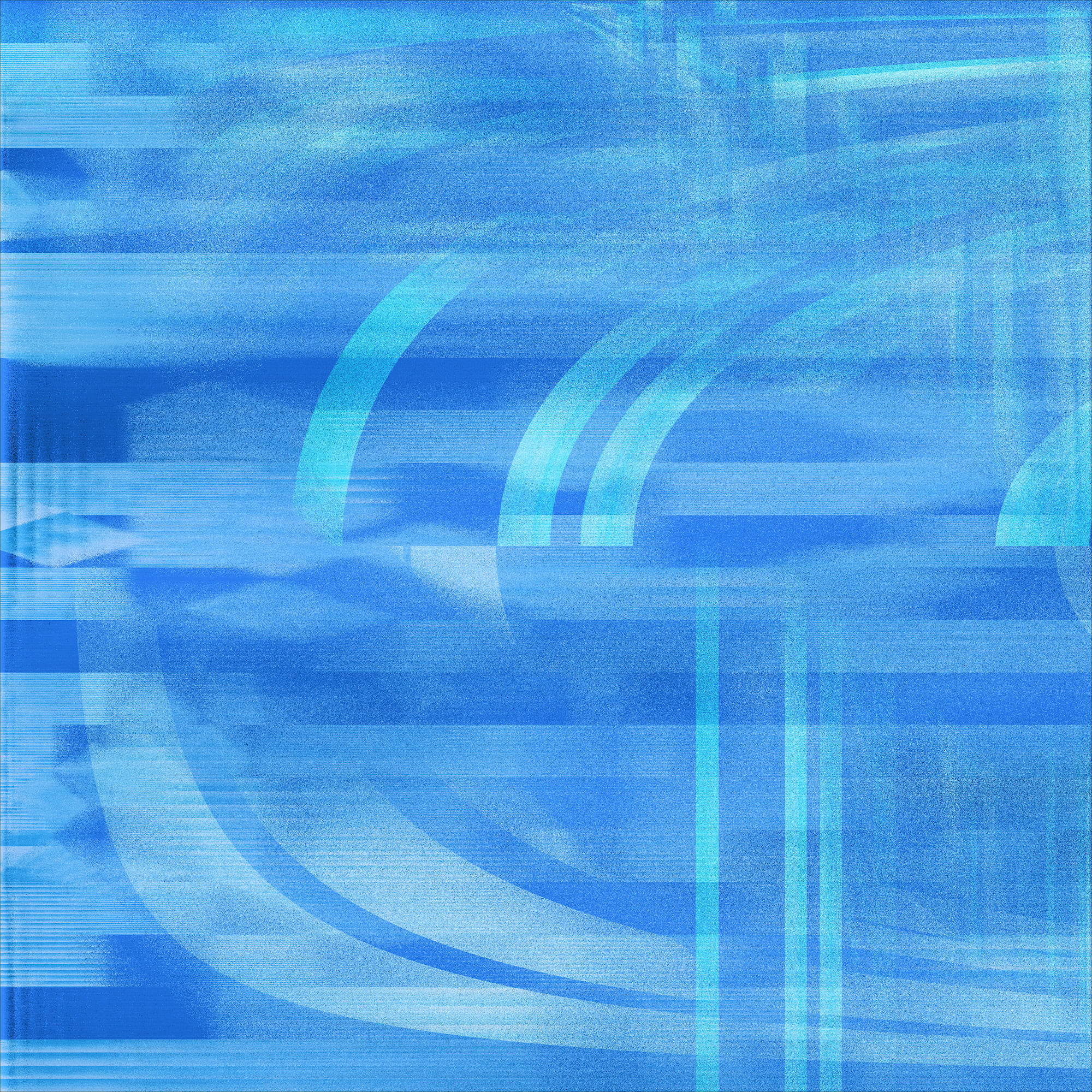 Abstract digital artwork in shades of blue featuring layered curved and horizontal lines. The design has a textured, semi-transparent look, resembling overlapping waves or glass panels with light reflections. The composition gives a sense of depth and motion.